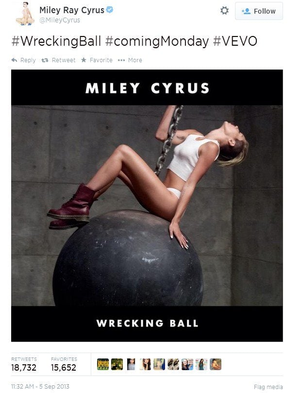 It was anyone's guess what cover Miley Cyrus would choose for her next single, "Wrecking Ball," but after that trainwreck of a performance at the 2013 MTV VMAs, this promo pic that she tweeted a couple of days ago was pretty much along the lines of what everyone had in mind: