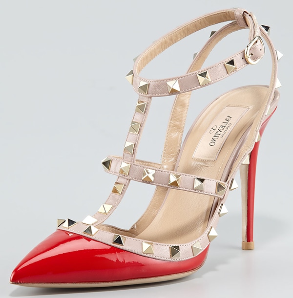 Valentino Rockstud Two-Tone Patent Sandals Red