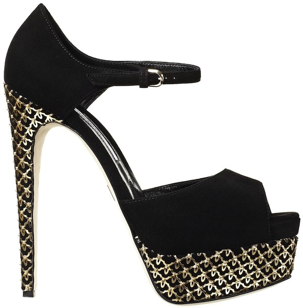 Brian Atwood 'Tribeca' Double-Platform Open-Toe Sandals in Black Suede with Gold Mirror Leather