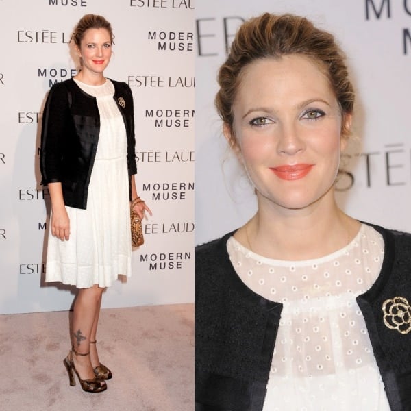 Drew Barrymore charmed everyone in a Marc Jacobs Broderie 'Anglaise' dress, a vintage Chanel jacket, and Marc Jacobs peep-toe snakeskin sandals