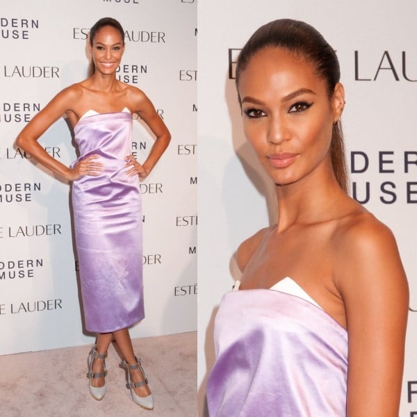 Joan Smalls was lovely in lavender as she stepped out in a strapless dress from the Spring 2014 collection of Prabal Gurung