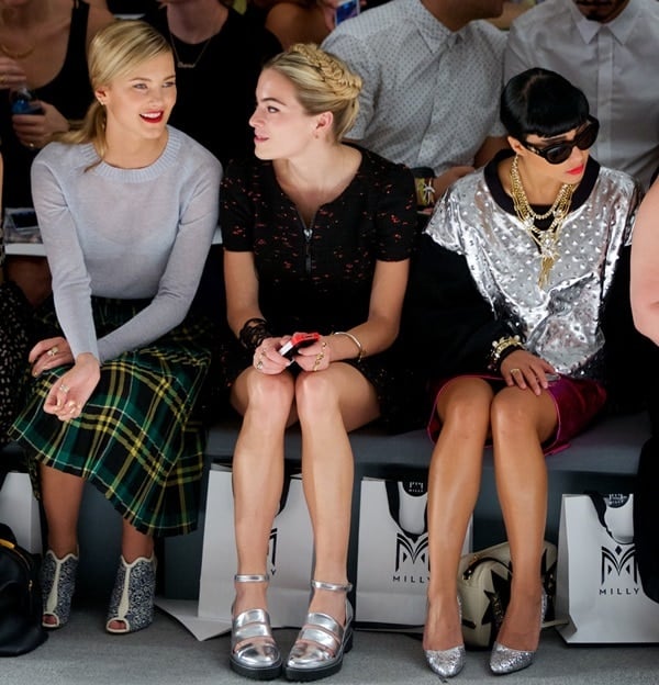 Model Kyleigh Kuhn, DJ and actress Chelsea Leyland, and singer-songwriter Natalia Kills sporting interesting shoes while attending the Milly presentation during 2014 Mercedes-Benz Fashion Week in New York City on September 11, 2013 show nyfw spring 2014
