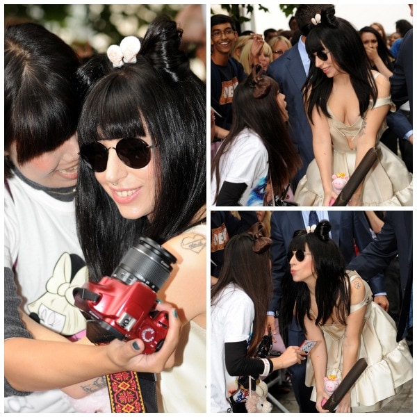Lady Gaga gamely posing for pictures and interacting with her fans outside of her hotel in London