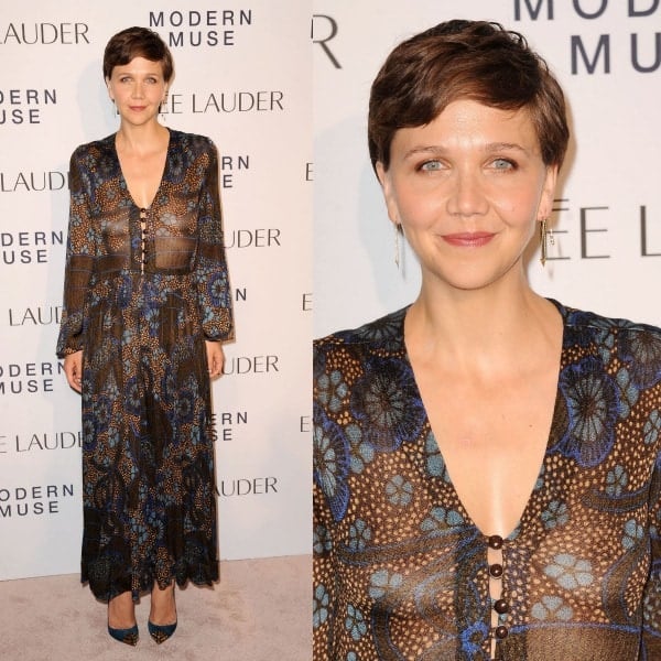 Maggie Gyllenhaal played the role of a bohemian babe really well in an incredibly sheer brown long-sleeved dress with a blue paisley print