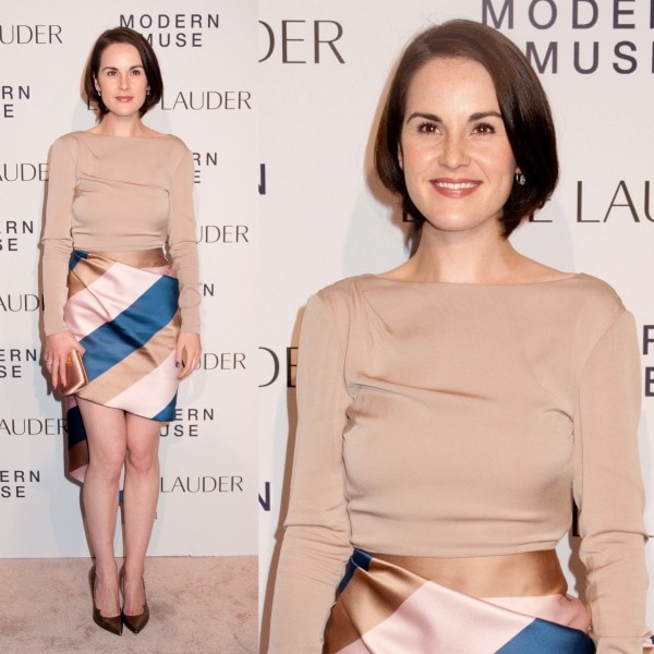 Michelle Dockery dressed to impress in a Vionet nude bateau top and an asymmetrical wrap skirt