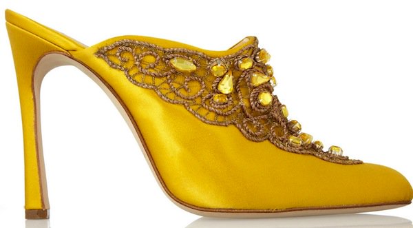 Oscar de la Renta Yellow Mina Embellished Satin Mules