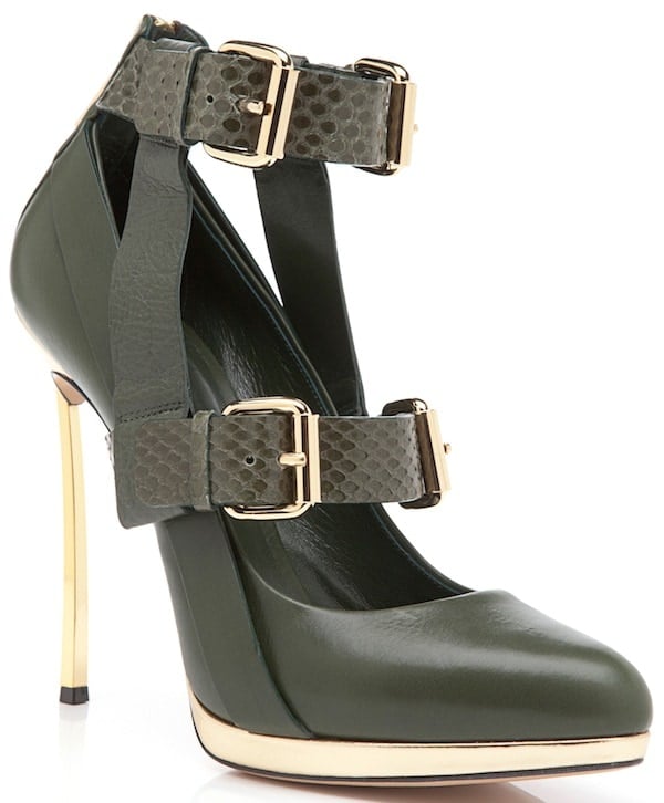 Prabal Gurung for Casadei Olive Green Double-Buckled-Strap Almond-Toe Pumps