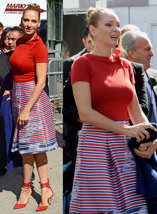 Uma Thurman channeling nautical with stripes and finishing her look with sexy wrap-around ankle-strap pumps during 2014 Mercedes-Benz Fashion Week in New York City on September 9, 2013