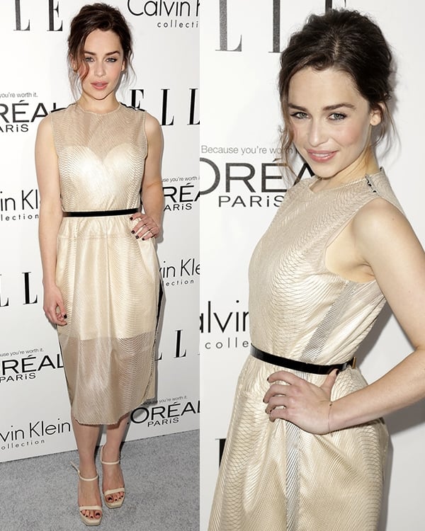 Emilia Clarke was spot-on as she arrived in a sheer Calvin Klein dress in nude with matching sandals