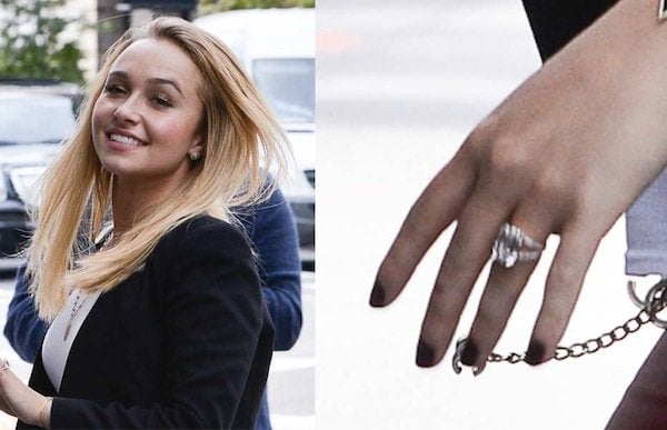 Hayden's huge ring and equally huge smile completing her autumn ensemble perfectly