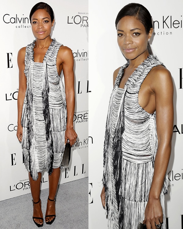 Naomie Harris showed up in a shapeless fringed Calvin Klein dress