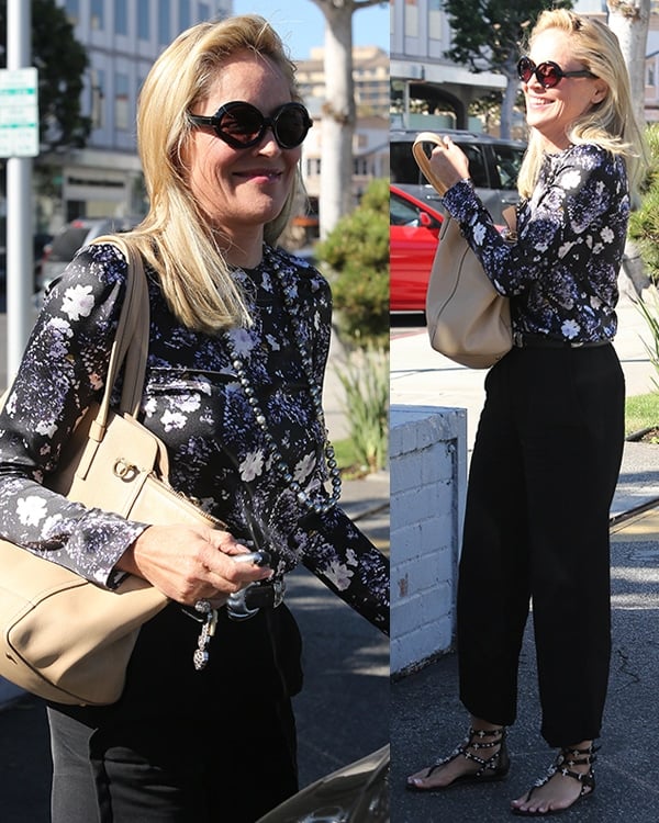 Sharon Stone looked fabulous in a monochrome outfit in Beverly Hills
