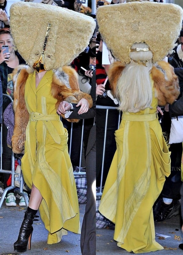 Lady Gaga was spotted leaving her hotel wearing a triangular mask that covered up her entire face