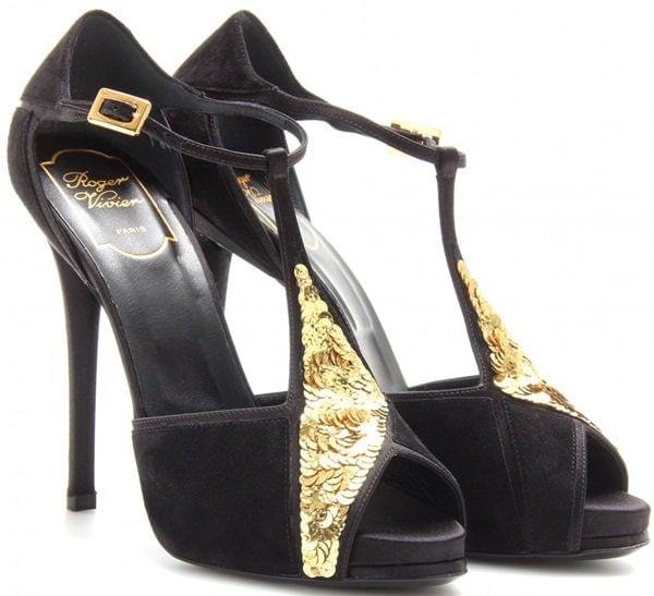 roger vivier sequined prismick sandals in black suede