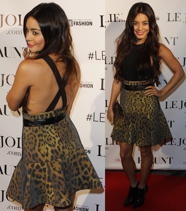 Vanessa Hudgens attended the Le Jolie Launch Party in a Camilla and Marc 'Venice of Gold' dresspaired with a 'Lara' confetti acrylic box clutch by Edie Parker