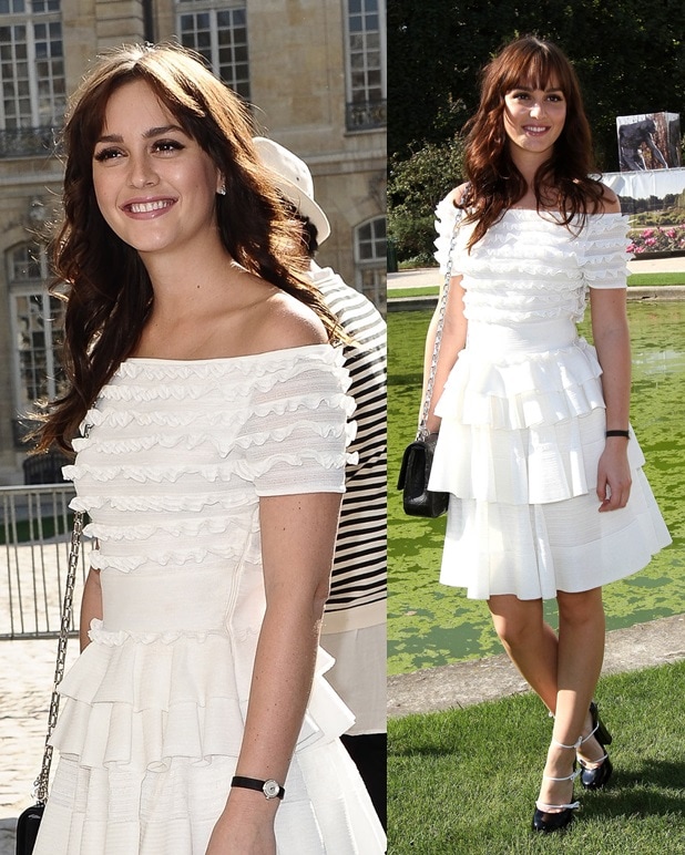 Leighton Meester wears a pair of triple-strap Louis Vuitton pumps to the Dior Spring/Summer 2012 show during Paris Fashion Week on September 30, 2011