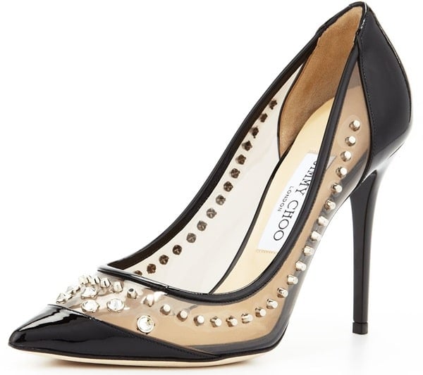 Studs and crystals embellish this glossy, patent leather Jimmy Choo pump for a show-stopping effect