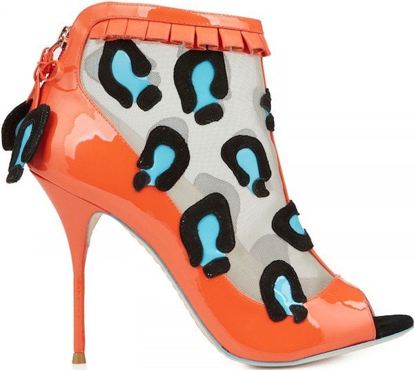 Sophia Webster "Sienna" Mandarin Red Patent, Turquoise and Black Leopard Leather and Mesh Bootie