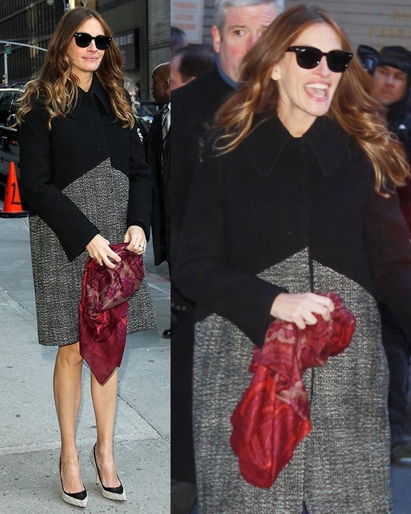 Julia Roberts arrived in a Stella McCartney tweed coat with a red scarf to add a pop of color to her rather neutral number