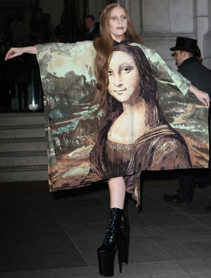 Lady Gaga exited the prestigious Langham hotel in London wearing a vintage mini dress featuring a screen-painted version of Leonardo da Vinci's famous half-length portrait of Mona Lisa