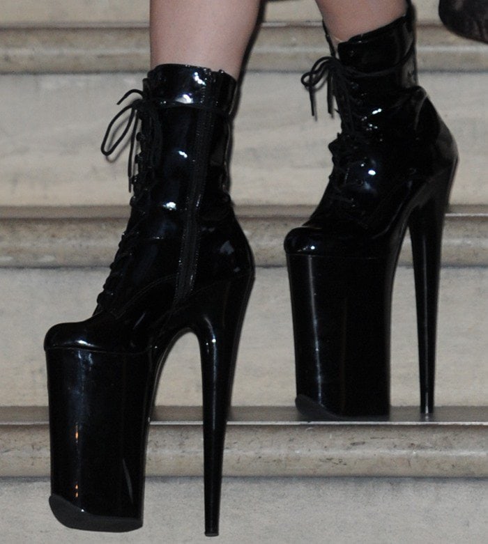 Lady Gaga completed the outfit with a pair of sky-high platforms