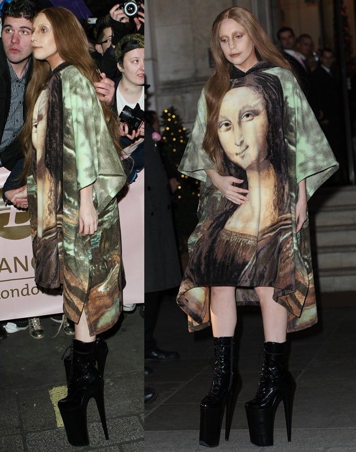 Lady Gaga exited the prestigious Langham hotel in London wearing a vintage mini dress featuring a screen-painted version of Leonardo da Vinci's famous half-length portrait of Mona Lisa