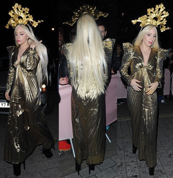 Lady Gaga donned a unique gold dress styled with a golden headpiece