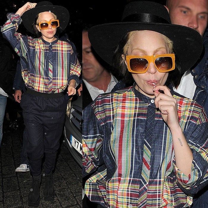Lady Gaga took off the chain jacket later in the evening, which made her getup look like some sort of odd Amish attire