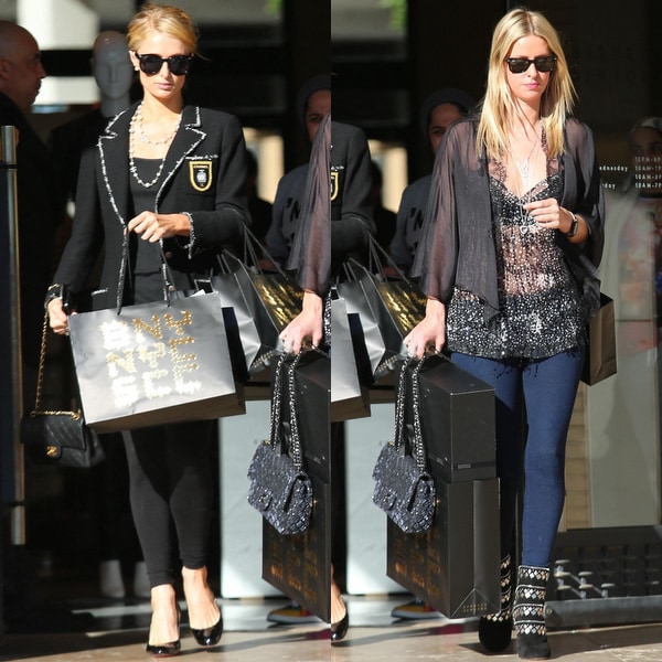 Paris and Nicky Hilton doing some last-minute shopping at Barneys New York in Los Angeles, California, on December 24, 2013