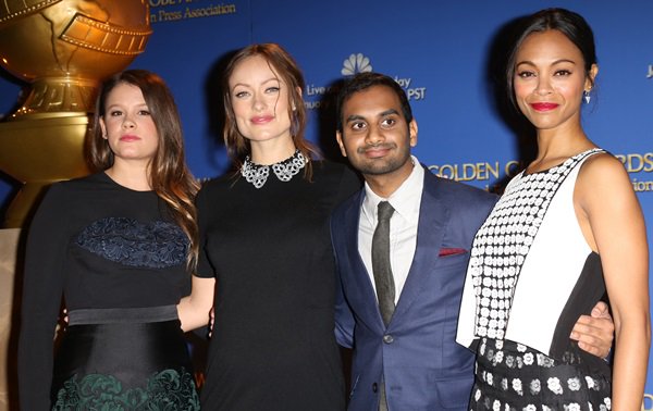 Sosie Bacon, Olivia Wilde, Aziz Ansari, and Zoe Saldana at the 71st Annual Golden Globe Awards Nominations Announcement at The Beverly Hilton Hotel in Beverly Hills on December 12, 2013