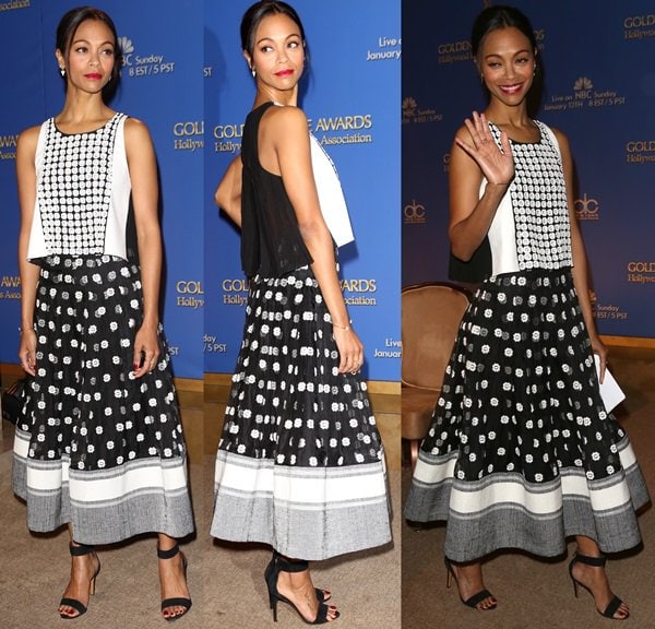 Zoe Saldana wearing a Sachin + Babi top and skirt, Red C jewelry, and Bruno Magli ankle-strap sandals