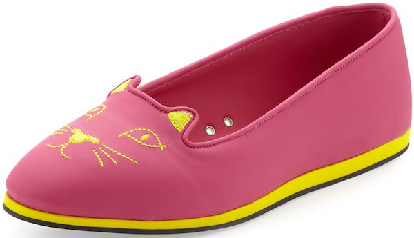 Charlotte Olympia Capri Cat-Face Rubber Flats in Bubble Gum and Yellow