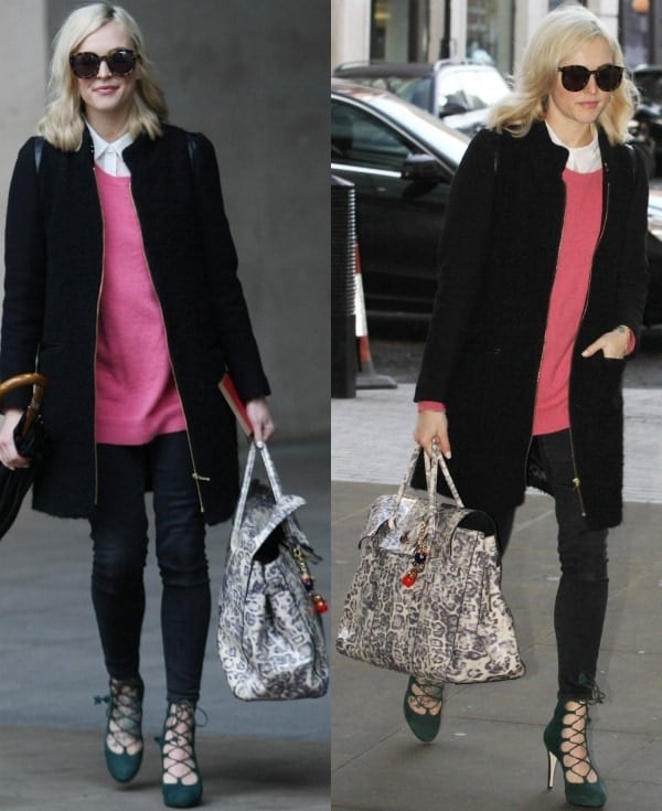 Fearne Cotton arriving in a pink sweater over a crisp white shirt