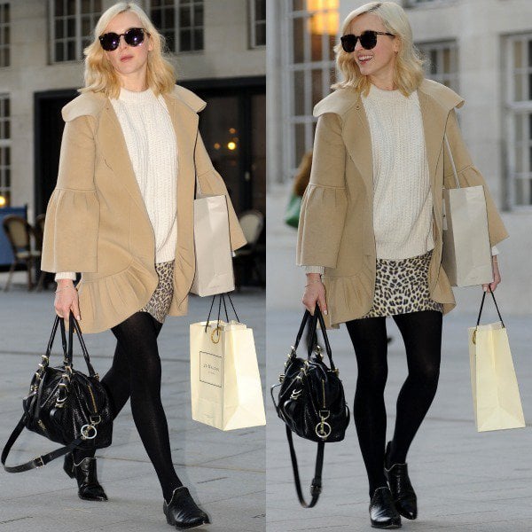 Fearne Cotton arriving in a cream-colored sweater paired with a leopard-printed miniskirt