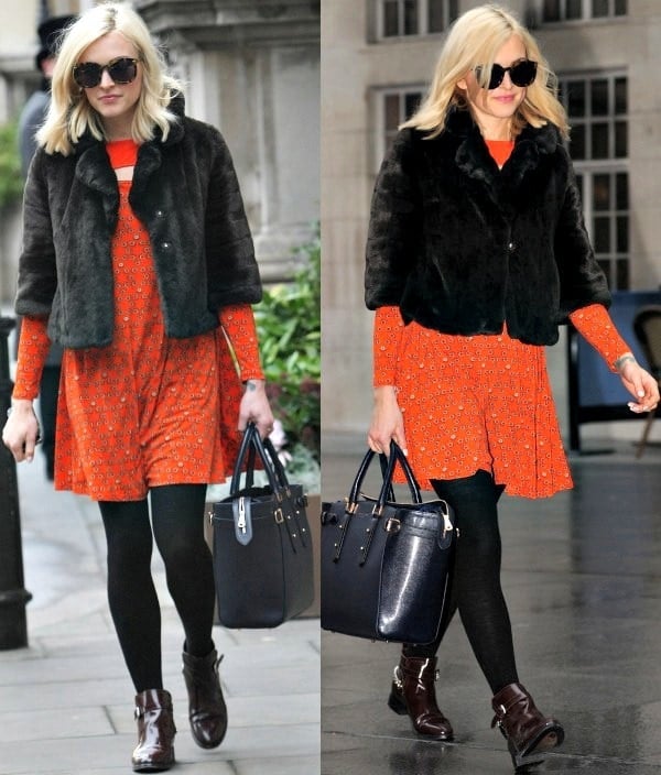 Fearne Cotton in a fur coat from Juicy Couture over a swing dress with a flirty peek-a-boo cutout
