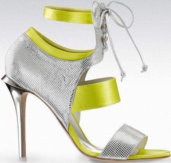 Gio Diev “Melbourne” Open-Toe Lace-Up Strap Booties in Yellow and Silver