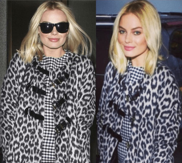 Margot Robbie wearing a leopard-printed wool coat from Paule Ka over a black-and-white gingham shift dress from Oscar de la Renta