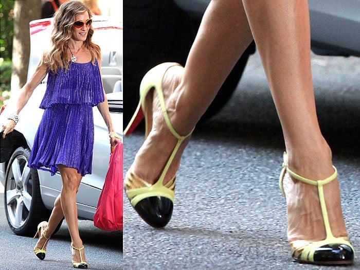 The black/gold/neon-yellow t-straps that made Carrie Bradshaw's purple Halston Heritage dress