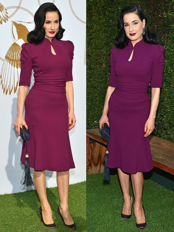 Dita Von Teese in a purple three-fourth-sleeve sheath dress with a waist-cinching center from the the Carolina Herrera Fall 2013 collection