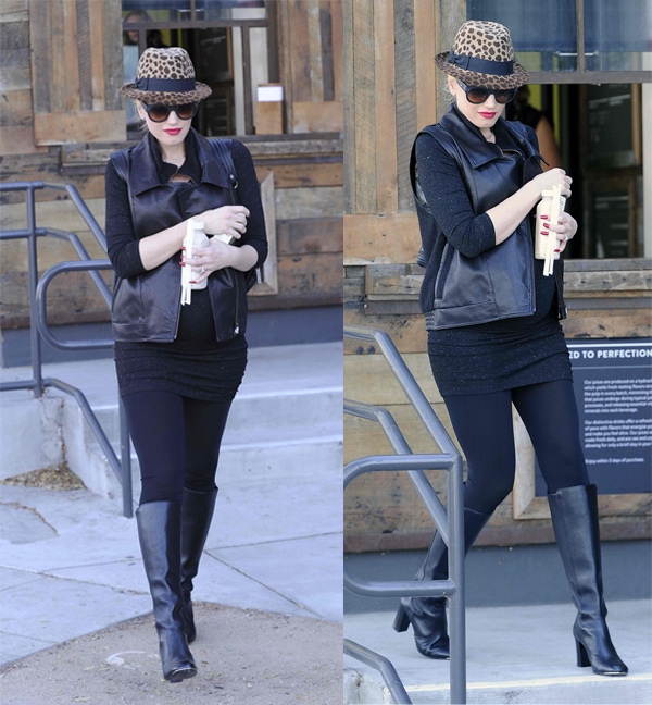 Pregnant Gwen Stefani out on a Christmas shopping spree buying toys and wearing all-black with a black leather waistcoat, knee-length boots, sunglasses, and an animal-print hat in Los Angeles on December 17, 2013