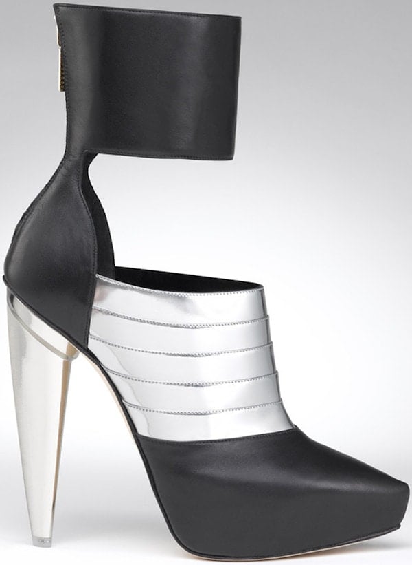 Gio Diev "Nara" Ankle-Cuff Booties in Black Calf and Silver