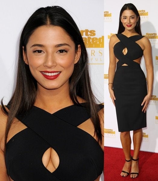 Jessica Gomes distracting the camera with her boob-window dress at the 50th anniversary celebration of Sports Illustrated at Dolby Theatre in Beverly Hills on January 14, 2014