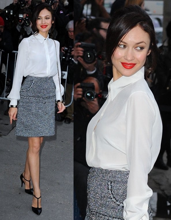 Olga Kurylenko attended the Chanel show in a rather conservative-looking getup finished with black pointy t-strap pumps