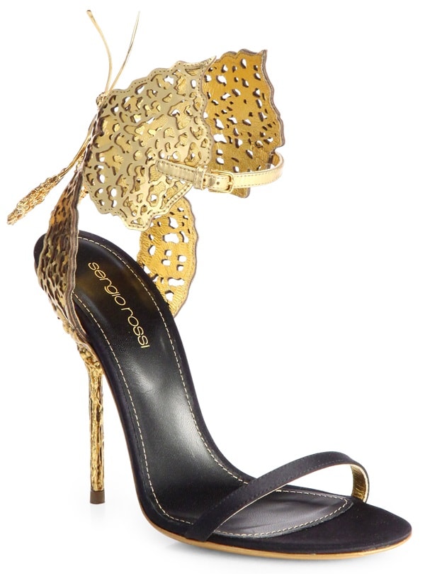 Sergio Rossi Filigree Butterfly Laser-Cut Leather-and-Satin Sandals