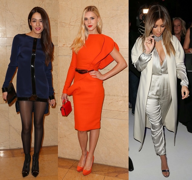While Kim Kardashian sported her favorite ankle-strap sandals from Gianvito Rossi, the other two wore pumps — Sofia was in the same pair of t-straps worn by Paz Vega (at the Chanel show), while Gaia slipped into some poppy clear-paneled pointy platforms that looked like they were from Charlotte Olympia.