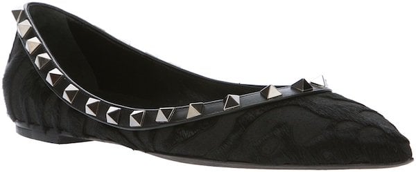 Valentino "Rockstud" Ballerina Flats in Black Calf Hair and Leather