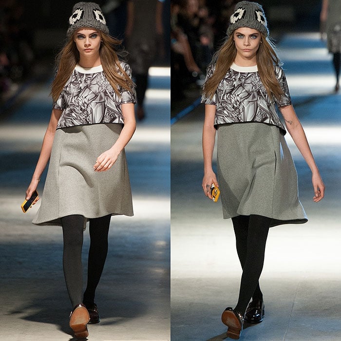 Cara Delevingne on the catwalk of the Giles Fall 2014 fashion show