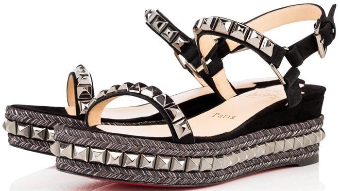 Christian Louboutin Cataclou 60 embellished suede and leather wedge sandals black