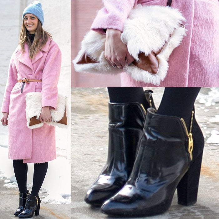 Cozy pink coat and a fluffy purse with ankle boots