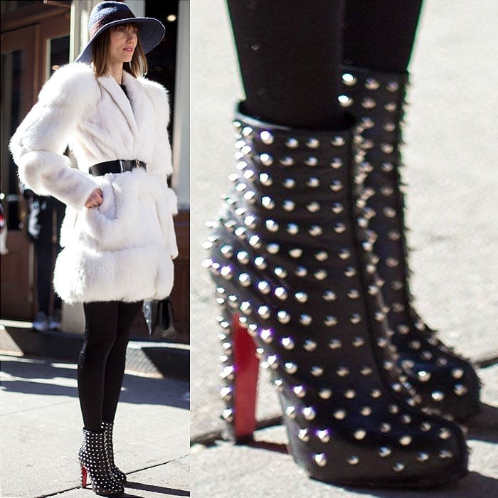 Model wears spiked Louboutins with a white coat